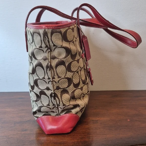 Coach Tan Signature Canvas Tote with Red Leather Trim Vintage K1J-6082 - Picture 5 of 15